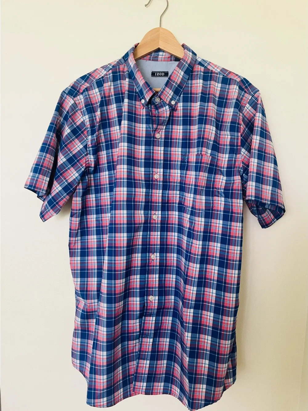 Izod Navy and Pink Plaid Short Sleeve Button-Down Shirt